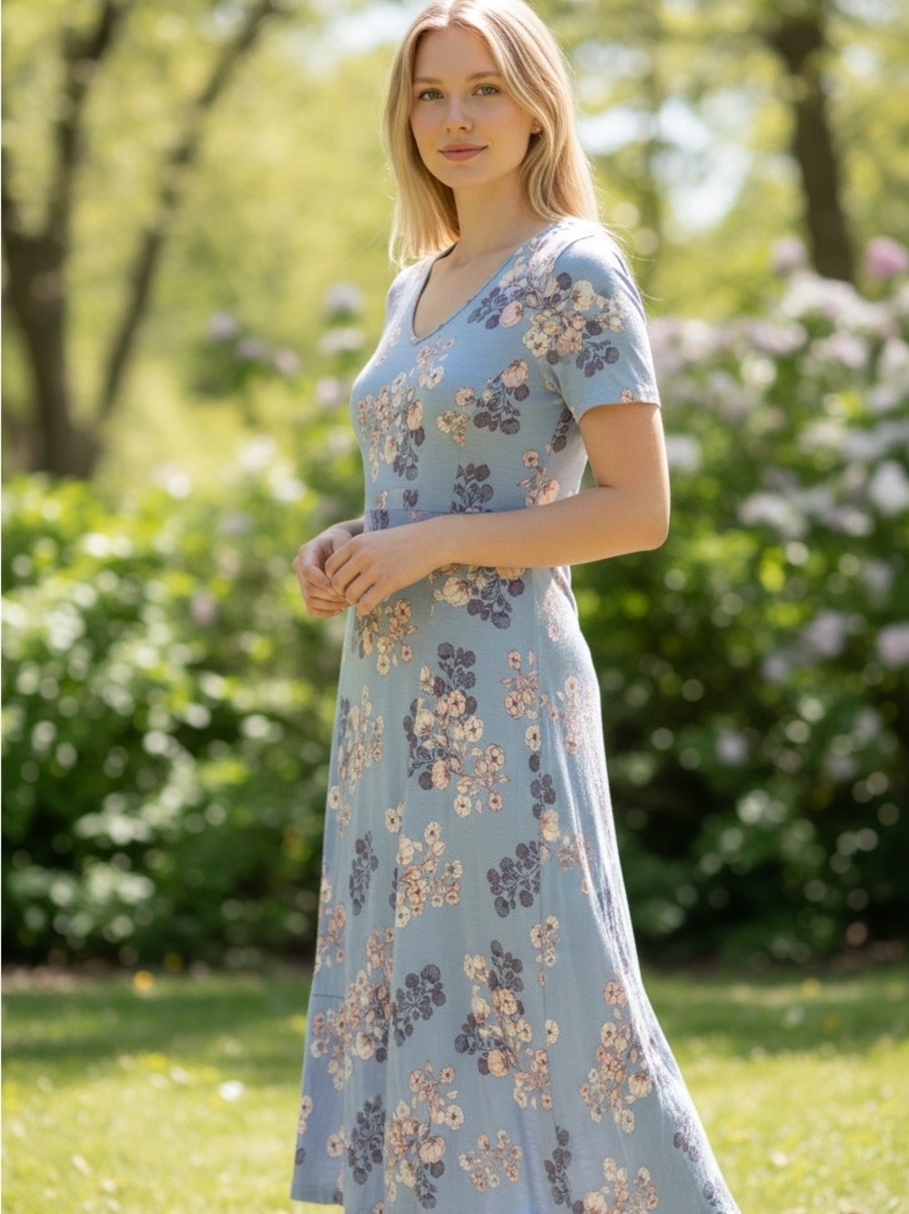 Woman Within Blue Floral V-Neck Midi Dress